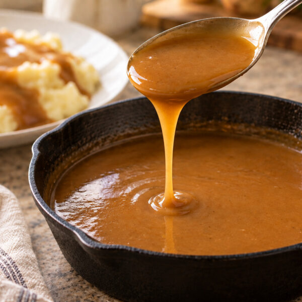 A spoon pours brown gravy into a cast iron skillet, with a plate of mashed potatoes and gravy in the background on a kitchen counter.
