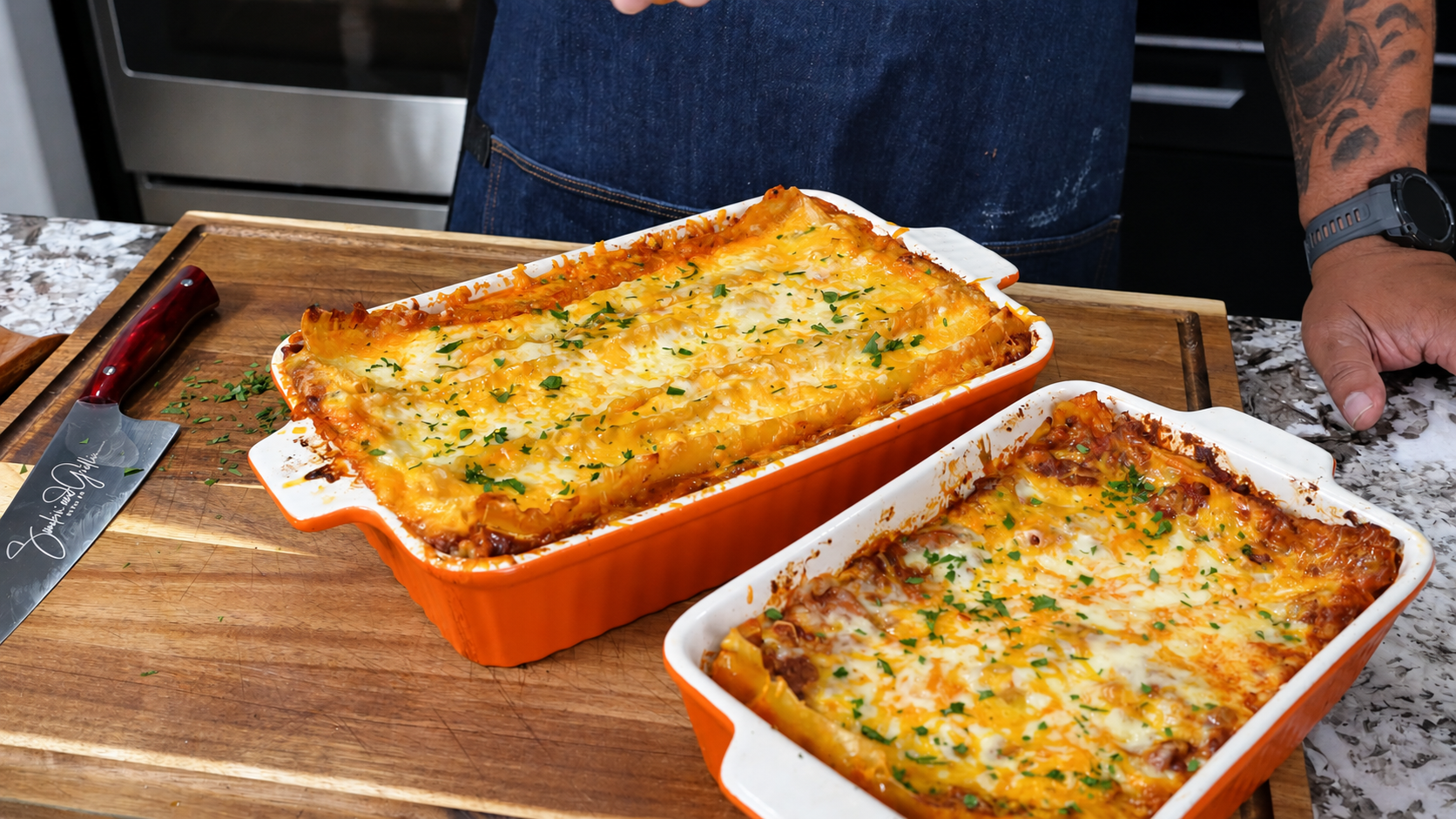 Baked Southern-style lasagna with a golden cheese topping.