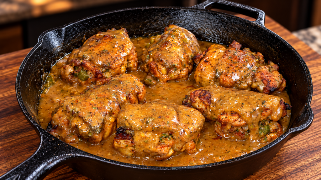 Six golden-brown andouille stuffed chicken thighs covered in a thick, seasoned gravy sit in a black cast iron skillet on a wooden surface.