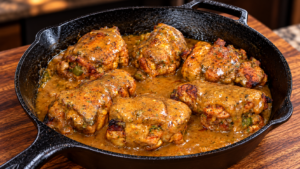 Six golden-brown andouille stuffed chicken thighs covered in a thick, seasoned gravy sit in a black cast iron skillet on a wooden surface.