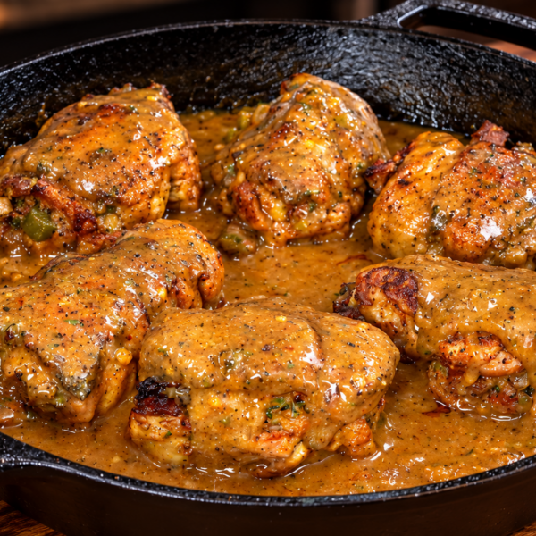 Six golden-brown andouille stuffed chicken thighs covered in a thick, seasoned gravy sit in a black cast iron skillet on a wooden surface.