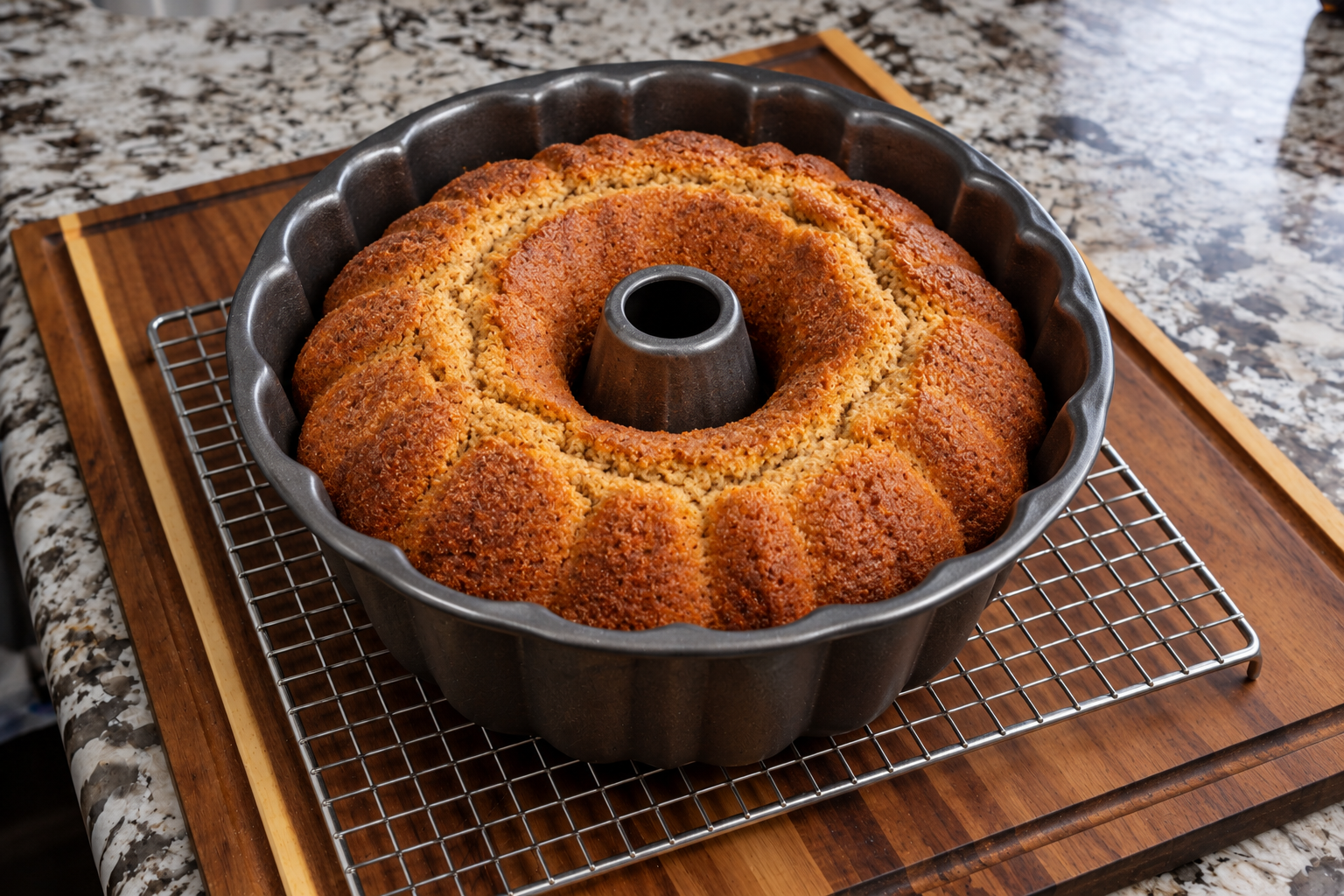 Baked Bundt cake resting in its pan on a cooling rack