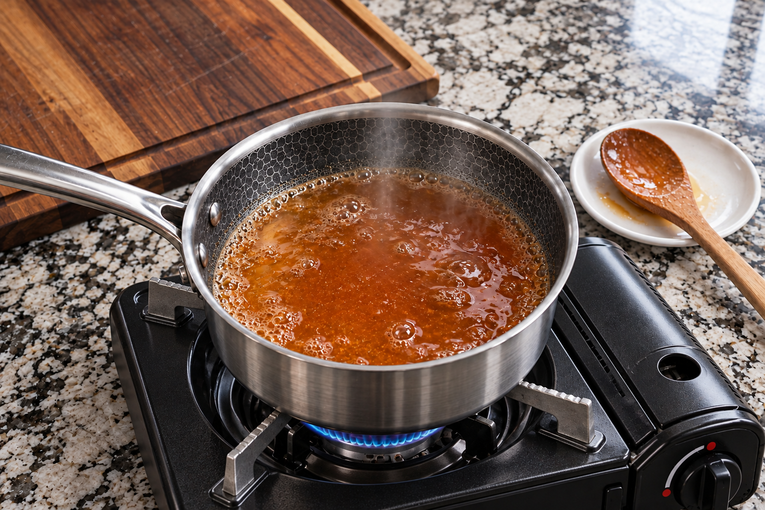Apple cider simmering in a honeycomb-pattern saucepan on a portable butane stove