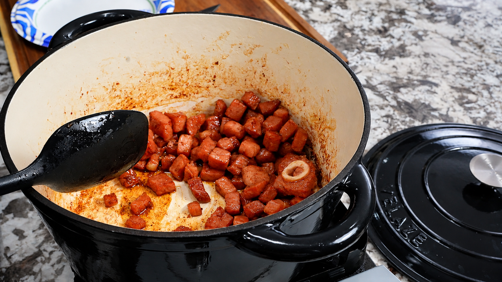 Diced meat browning in a black enameled cast iron dutch oven with a black serving spoon inside.