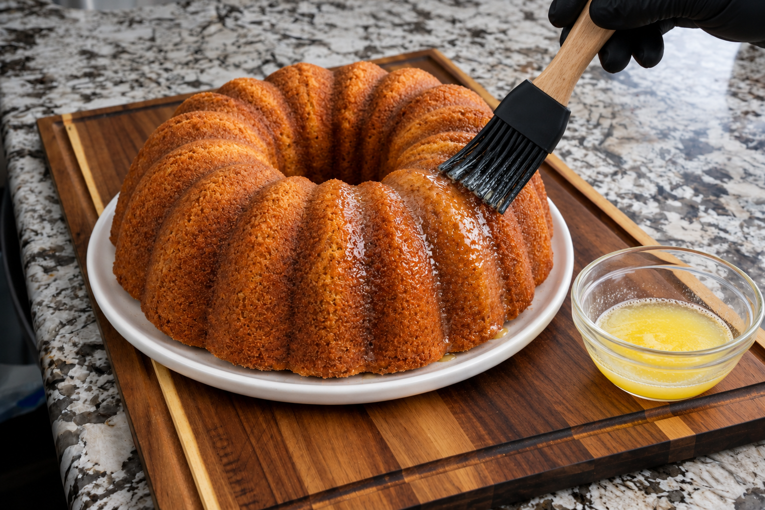Melted butter being brushed onto an unmolded Bundt cake
