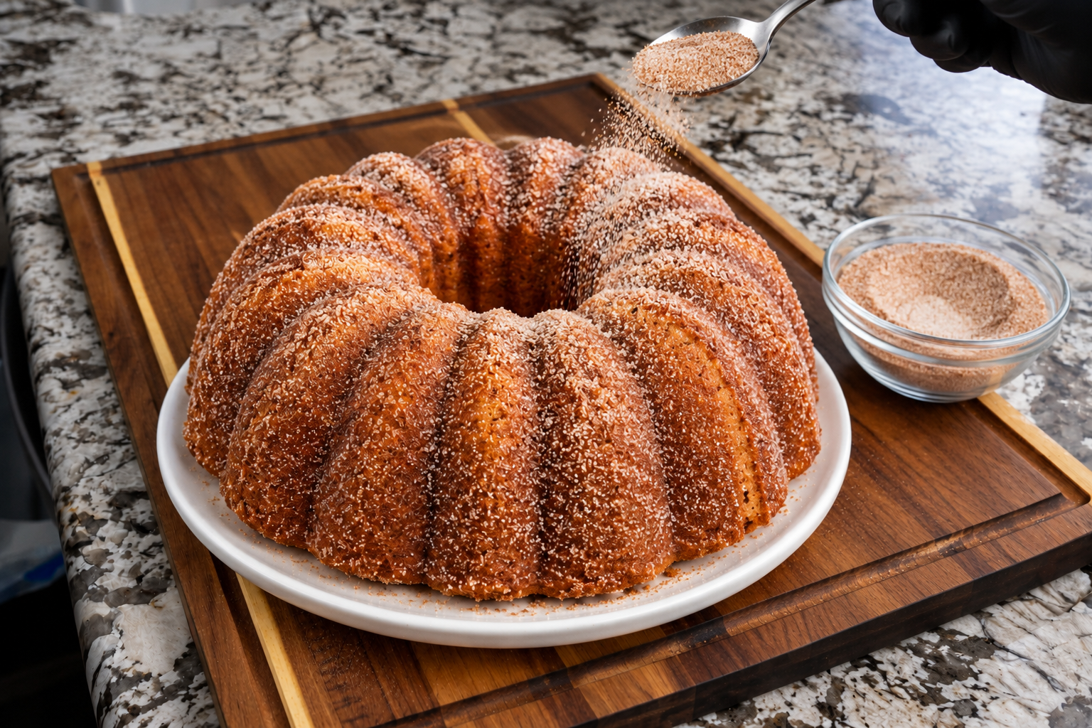 Cinnamon sugar being sprinkled over a butter-brushed Bundt cake