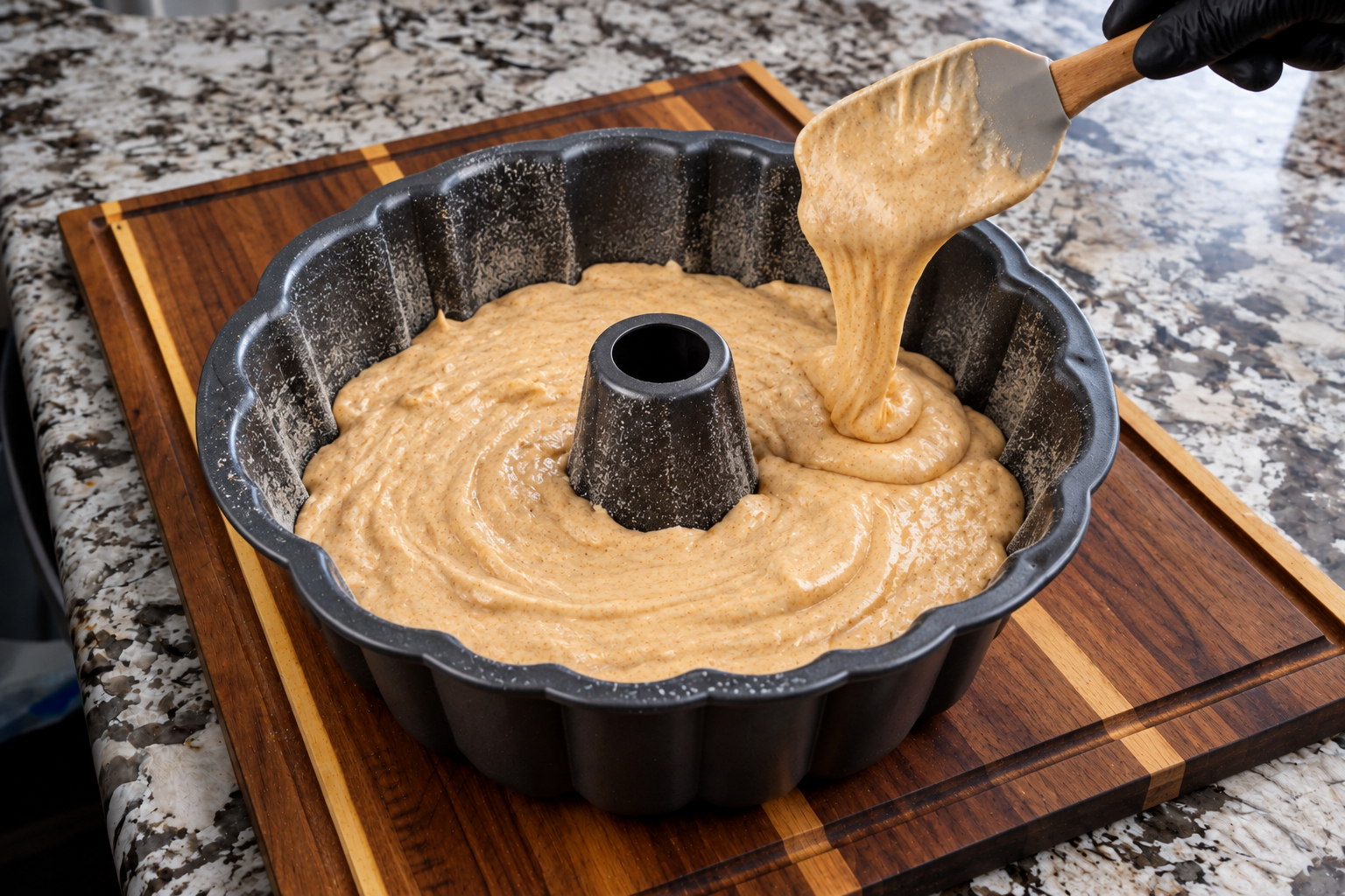 Cake batter being spooned into a prepared Bundt pan