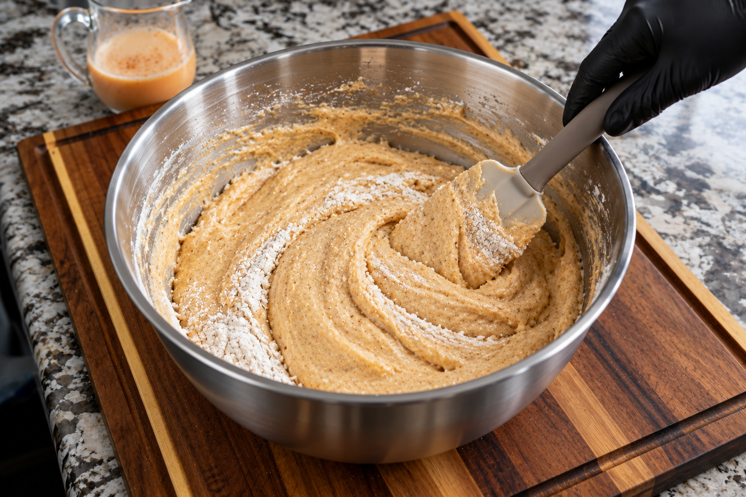 Spatula folding the last streaks of flour into spiced cake batter