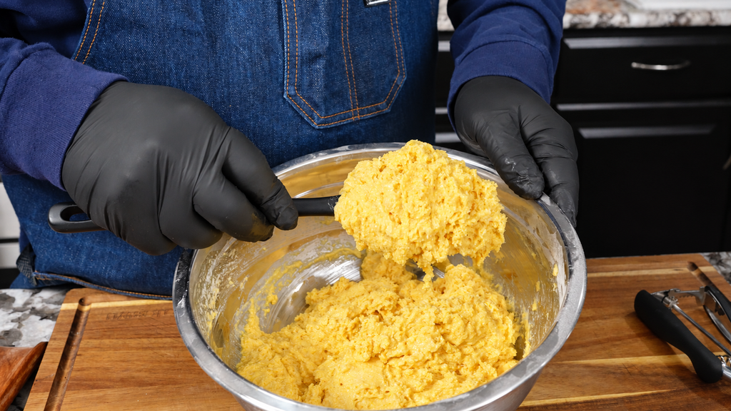 Thick yellow cornbread batter lifted from the bowl on a spatula.