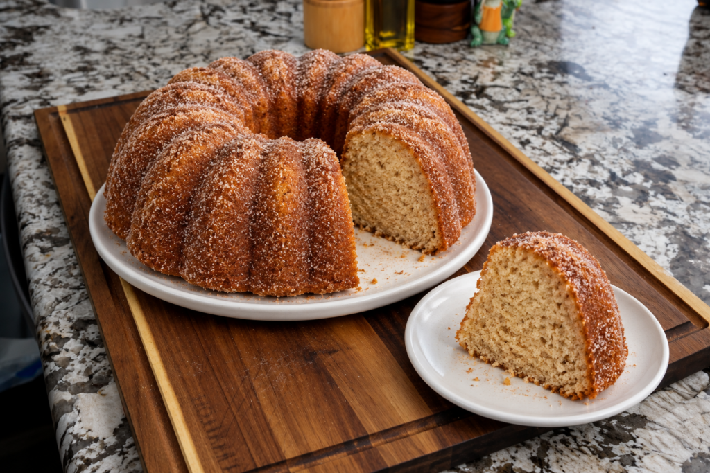 Apple cider donut Bundt cake with cinnamon-sugar coating and a slice served alongside