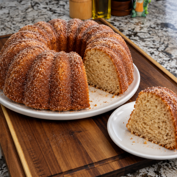 Apple cider donut Bundt cake with cinnamon-sugar coating and a slice served alongside