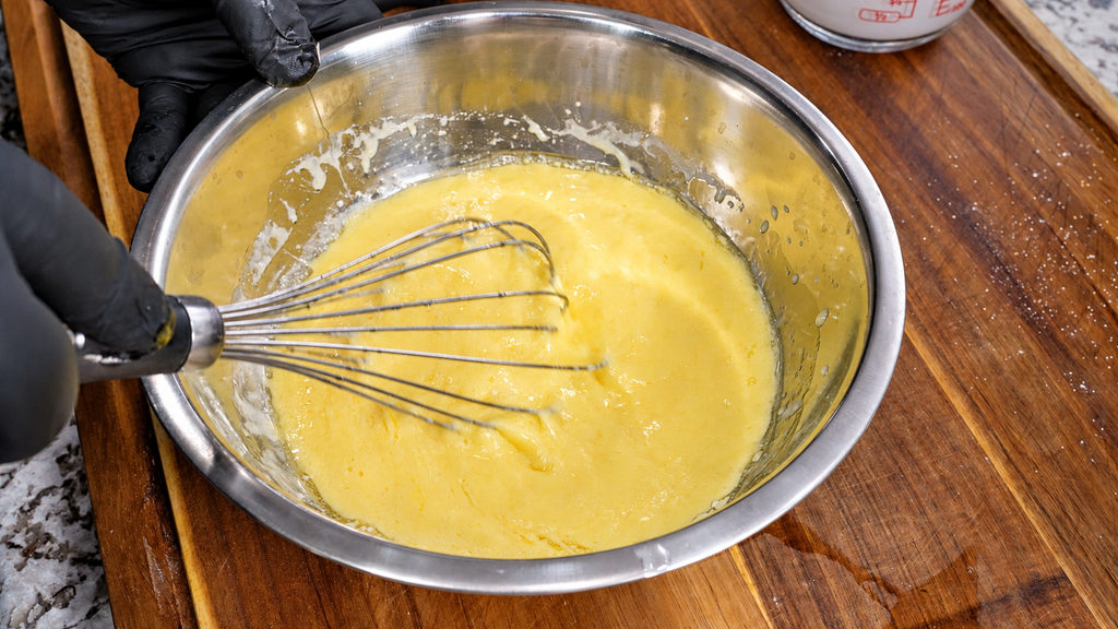 A whisk stirring the yellow wet mixture in a stainless steel bowl.