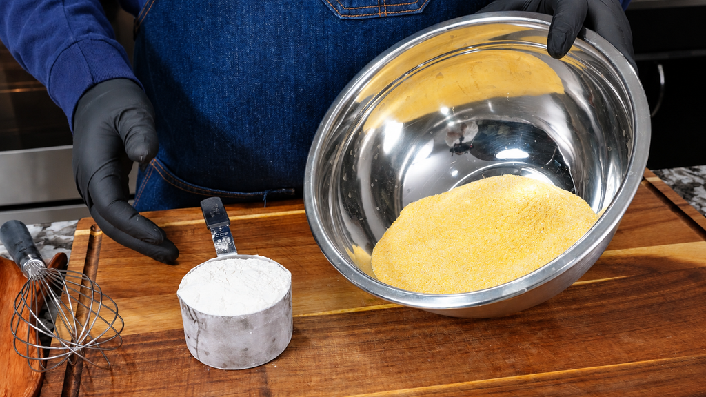 Yellow cornmeal in a mixing bowl beside a measuring cup of flour.