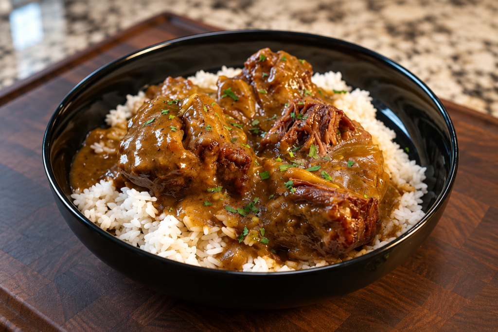 A black bowl filled with white rice topped with beef in a brown gravy, garnished with fresh herbs.