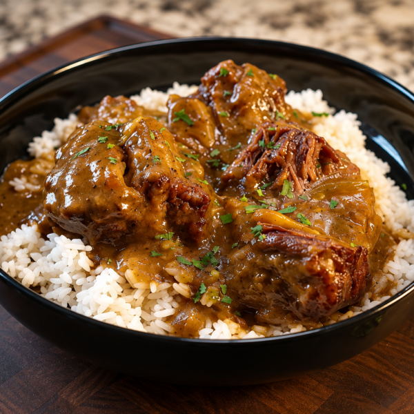 A black bowl filled with white rice topped with beef in a brown gravy, garnished with fresh herbs.