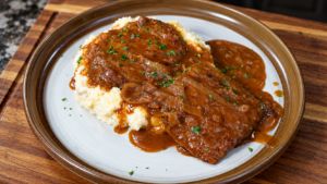 Smothered cube steak in onion gravy served over a bed of mashed potatoes.