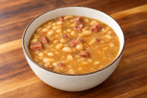 A bowl of white bean and ham soup.