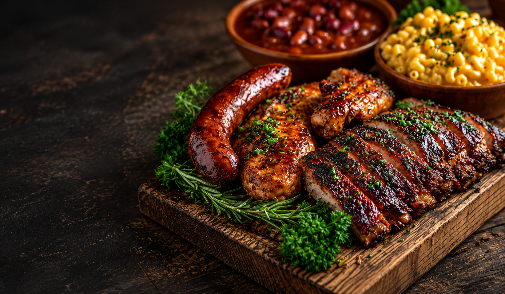 Barbecue ribs, chicken and sausage on a cutting board with beans and macaroni and cheese