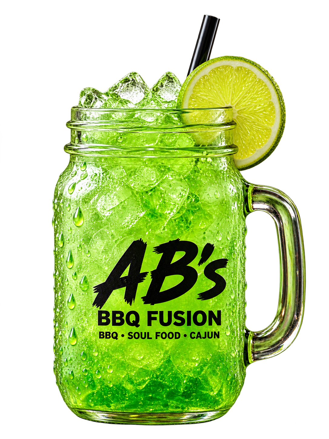 Green iced drink in an AB’s BBQ Fusion mason jar