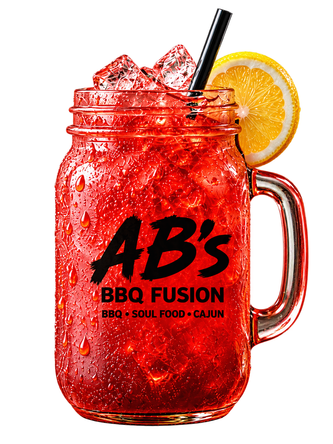 Red iced drink in an AB’s BBQ Fusion mason jar