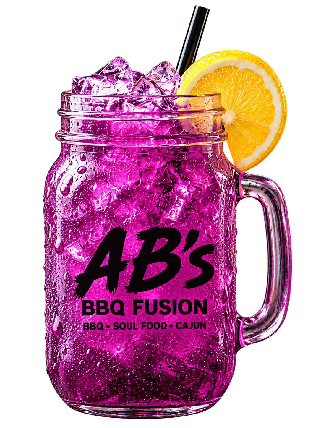 Purple iced drink in an AB’s BBQ Fusion mason jar