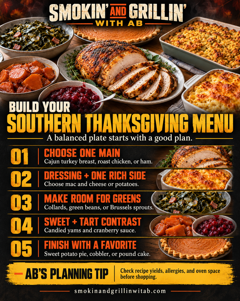 Build a balanced Southern menu. Give every dish a place on the plate. Choose one main: Cajun turkey breast, roast chicken, or ham. Add dressing + one rich side: Pick mac and cheese or potatoes. Make room for greens: Choose collards, green beans, or sprouts. Bring sweet + tart contrast: Candied yams and cranberry sauce. Finish with a favorite: Sweet potato pie, cobbler, or pound cake. Before shopping: check recipe yields, allergies, and oven space. Gravy and rolls are optional.