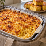 Thanksgiving potluck sides with baked macaroni and cheese, cornbread, and cranberry sauce