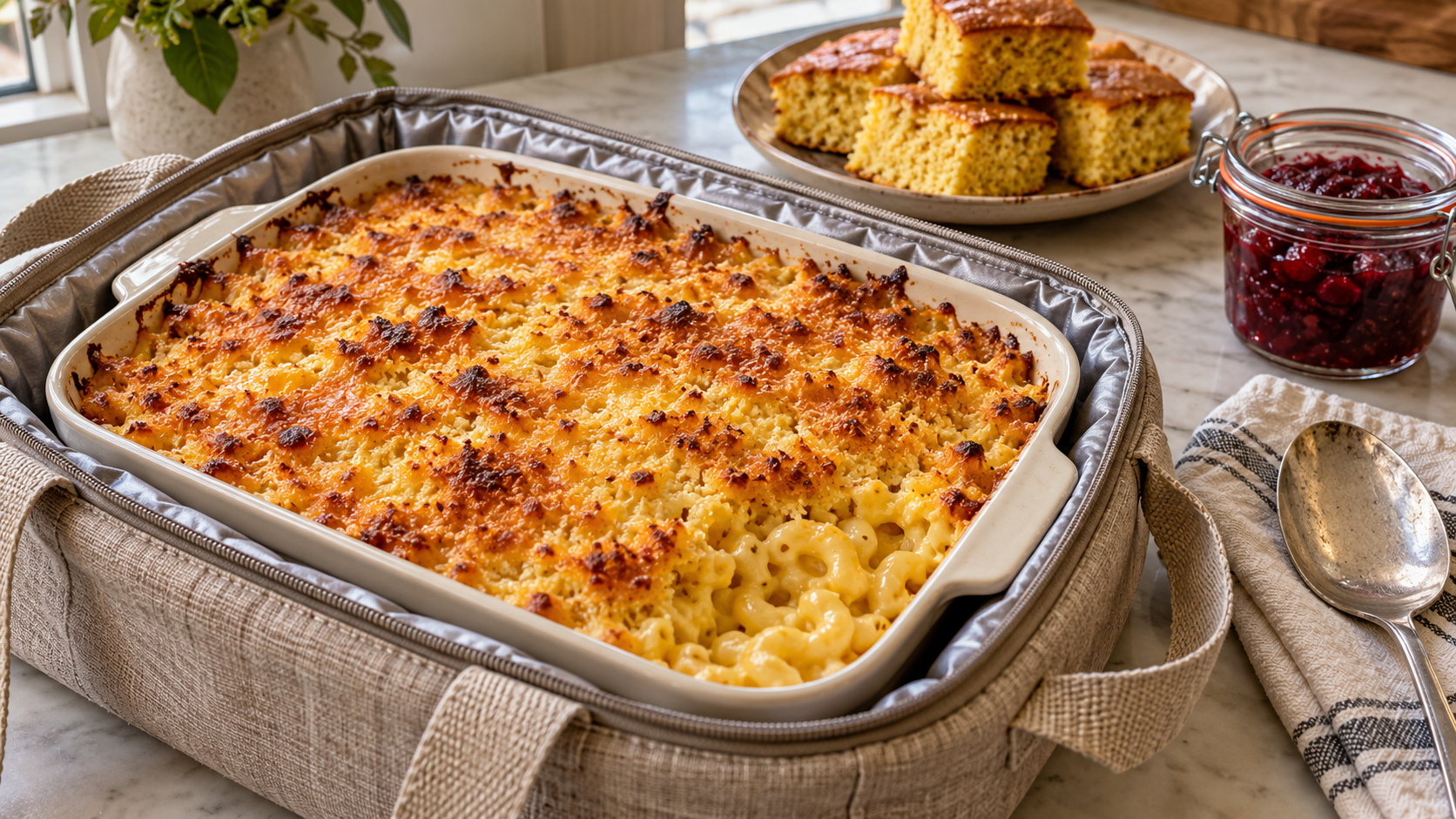 Thanksgiving potluck sides with baked macaroni and cheese, cornbread, and cranberry sauce