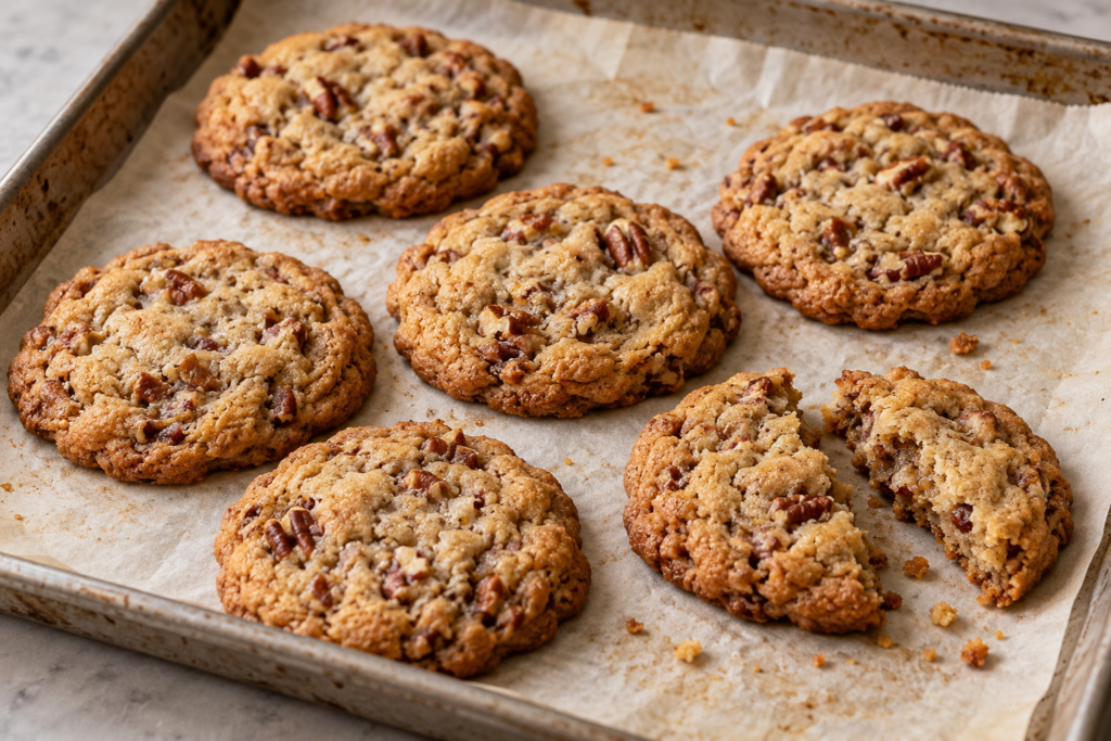 Six brown butter pecan cookies on a parchment-lined baking sheet, one of which is broken in half.