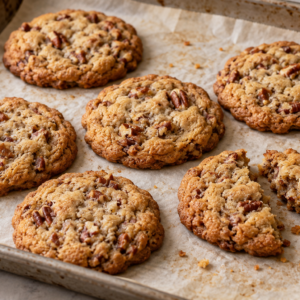 Six brown butter pecan cookies on a parchment-lined baking sheet, one of which is broken in half.