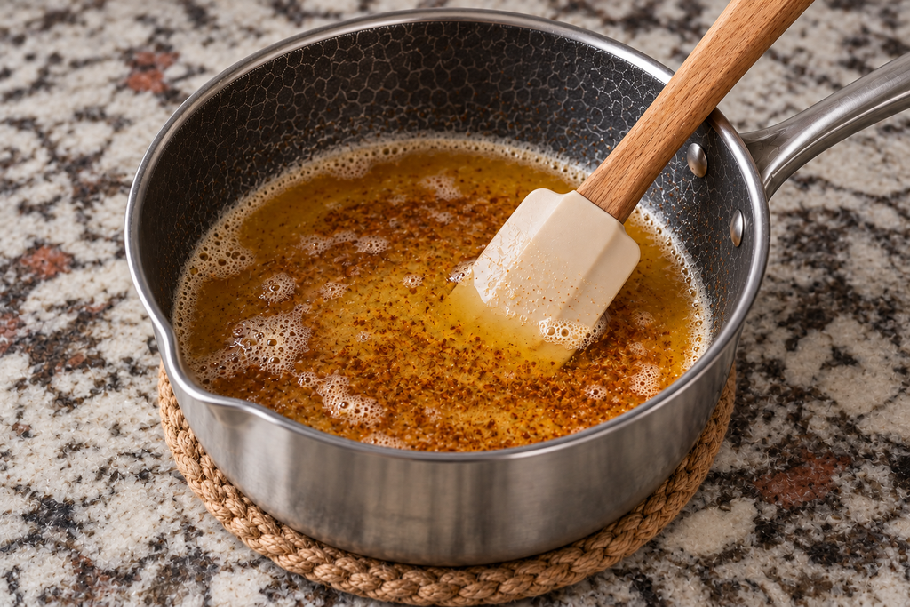 A silicone spatula stirs brown butter for brown butter pecan cookies in a metal saucepan on a stone countertop.