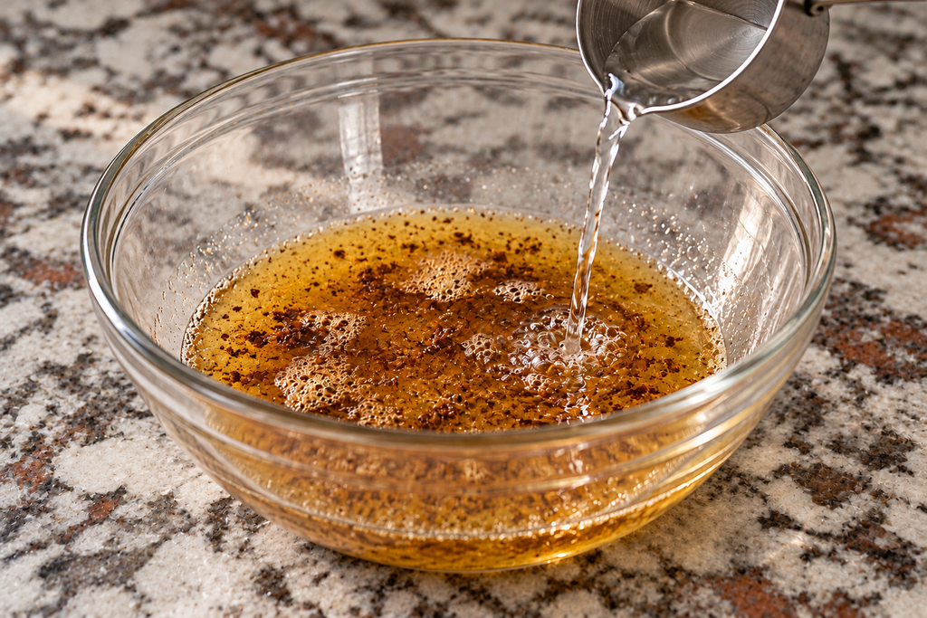 Water being poured from a measuring cup into a glass bowl containing a mixture of amber liquid and dark spices for brown butter pecan cookies.