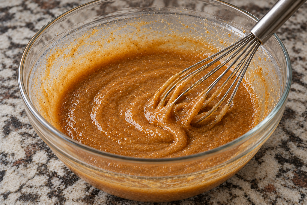 A wire whisk mixing smooth, brown butter pecan cookie batter in a glass bowl.