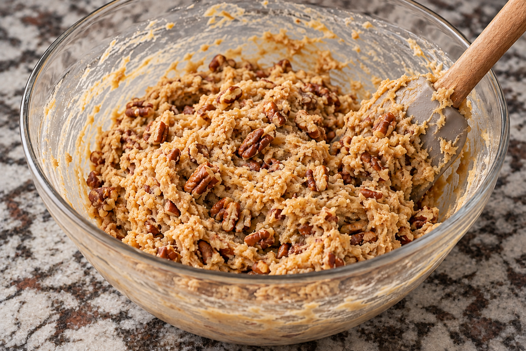 A glass bowl filled with brown butter pecan cookie dough mixed with pecans, with a silicone spatula resting inside.