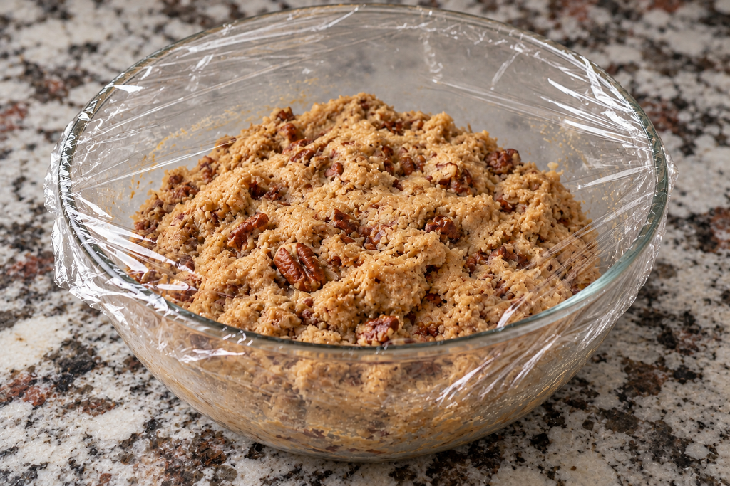 A glass bowl filled with brown butter pecan cookie dough, covered with plastic wrap.
