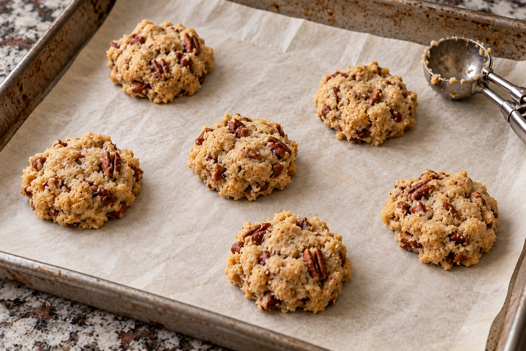 Five scoops of brown butter pecan cookie dough on a parchment-lined baking sheet, with a metal cookie scoop in the corner.