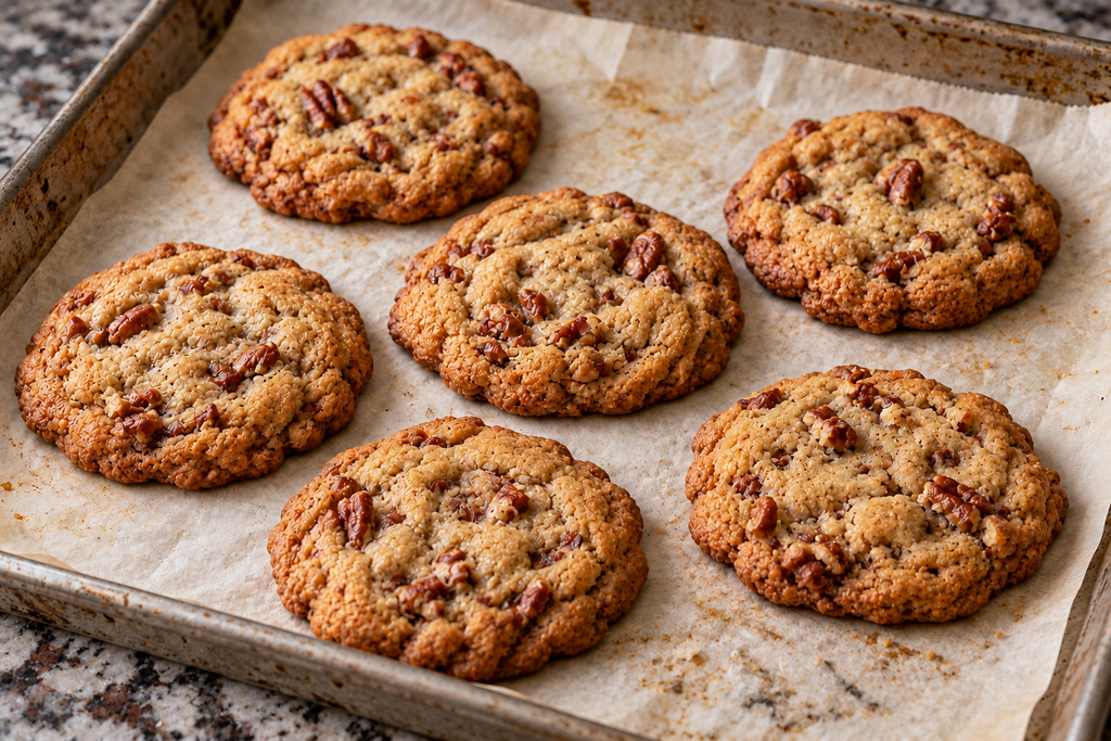 Five brown butter pecan cookies on a parchment-lined baking sheet.