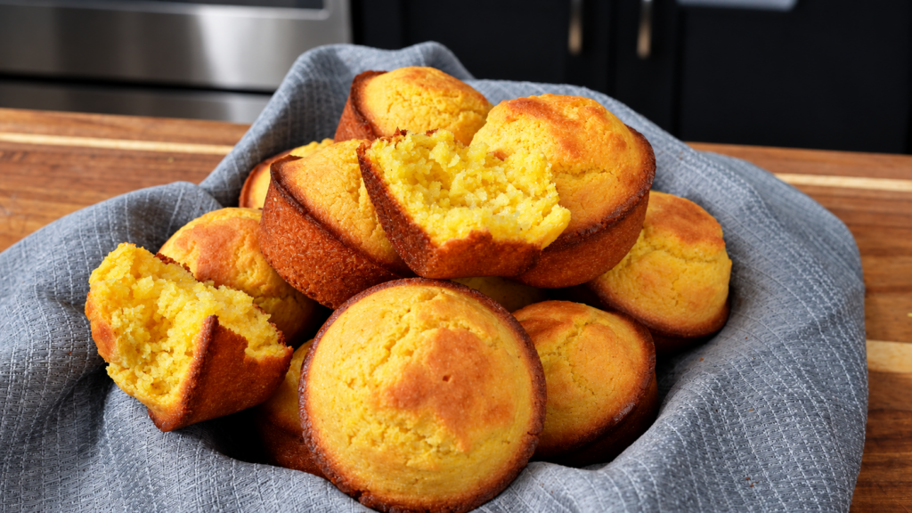 A basket of golden brown buttermilk cornbread muffins lined with a grey cloth.