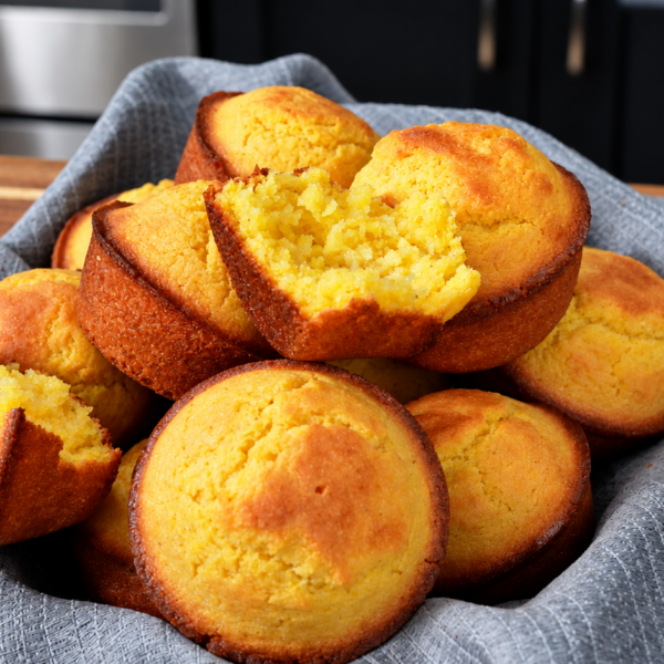 A basket of golden brown buttermilk cornbread muffins lined with a grey cloth.