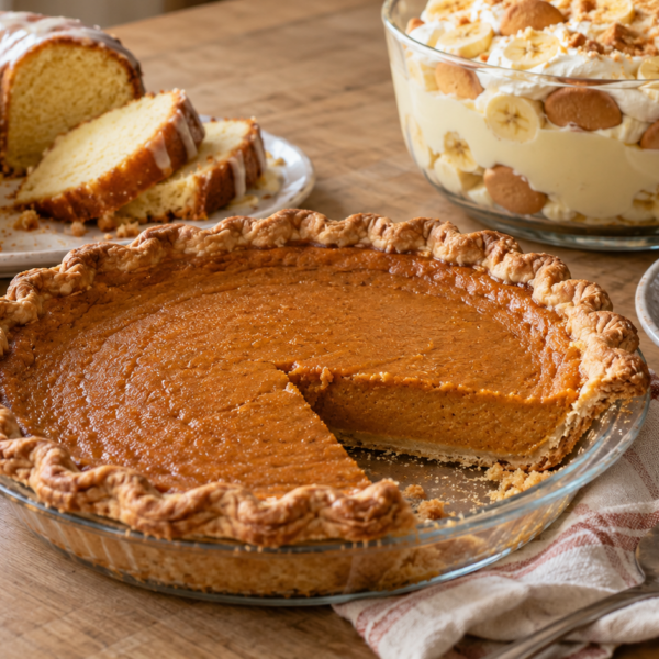 Thanksgiving dessert table with pie, glazed Bundt cake, banana pudding, and brownies