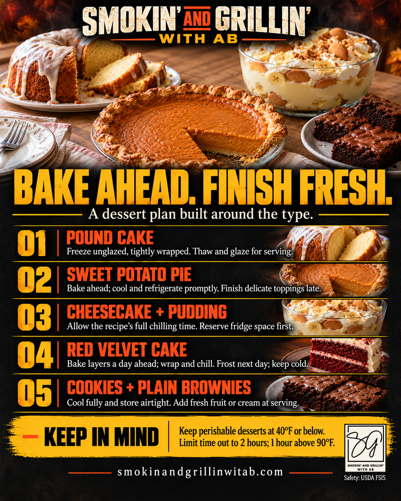 Infographic titled Smokin and Grillin with AB: Bake Ahead. Finish Fresh., featuring photos and instructions for five make-ahead Thanksgiving desserts: pound cake, sweet potato pie, cheesecake and pudding, red velvet cake, and cookies and brownies.