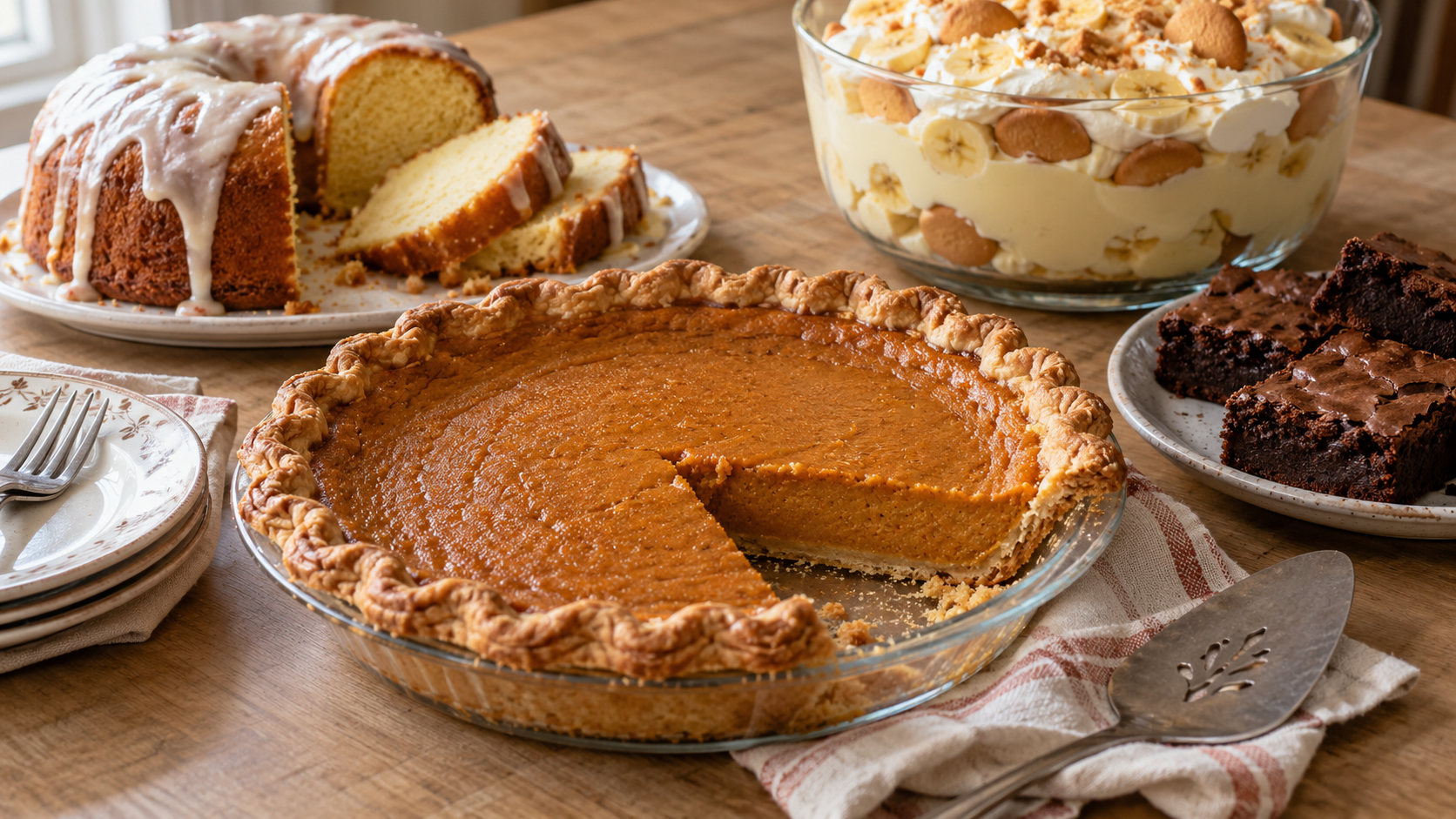 Thanksgiving dessert table with pie, glazed Bundt cake, banana pudding, and brownies