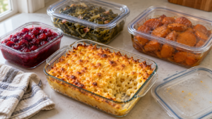 Make-ahead Thanksgiving sides with baked macaroni and cheese, cranberry sauce, greens, and candied yams
