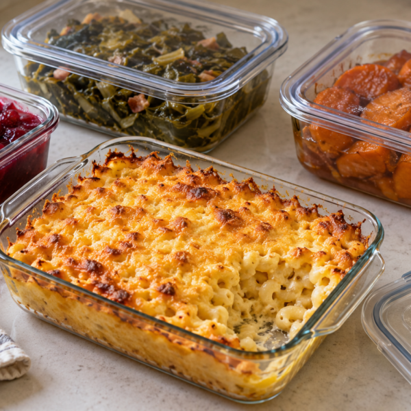 Make-ahead Thanksgiving sides with baked macaroni and cheese, cranberry sauce, greens, and candied yams
