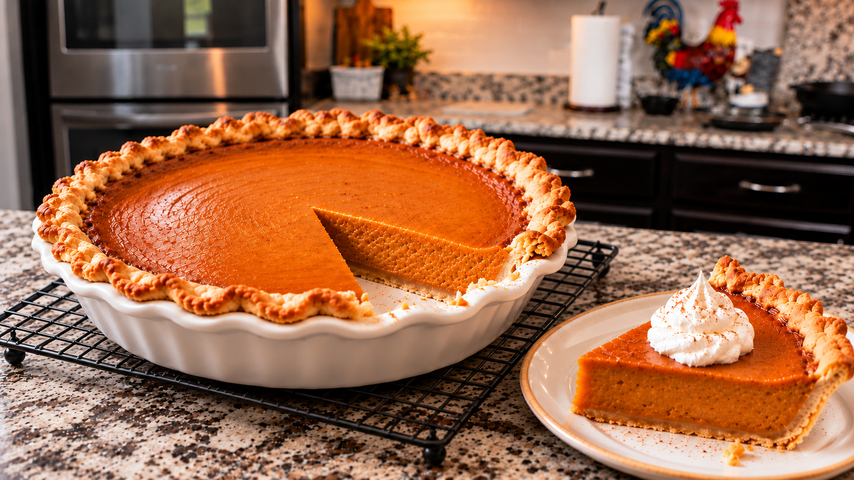 Cooled pumpkin pie on a wire rack with a slice topped with whipped cream.
