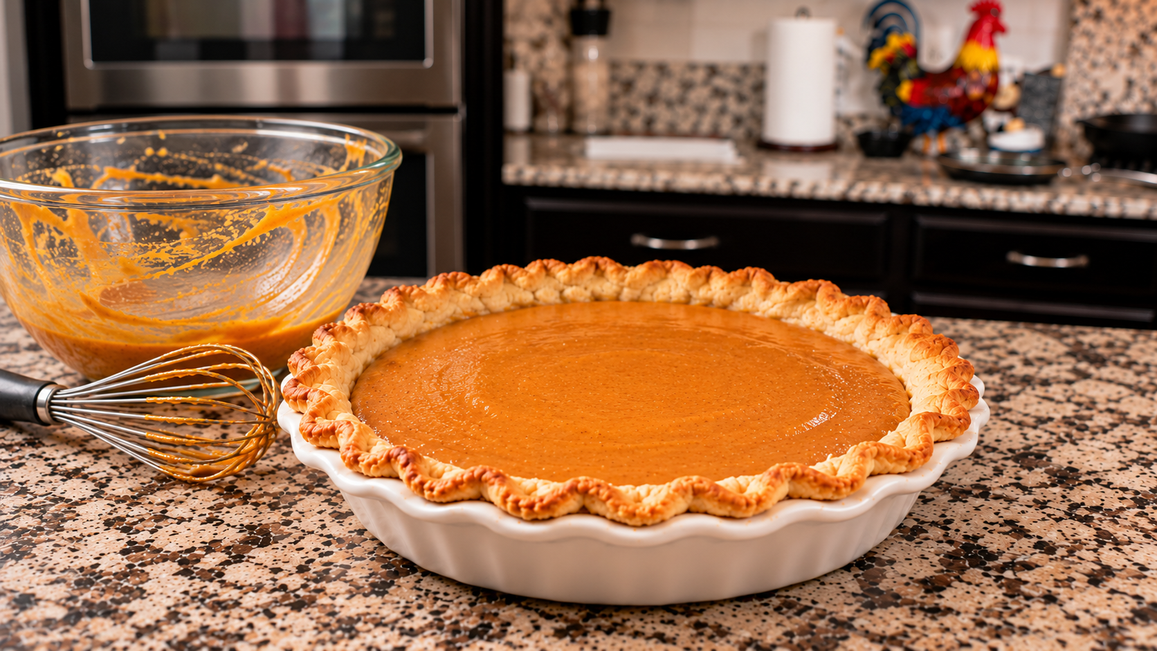 Pumpkin filling in the par-baked pie shell ready for the oven.