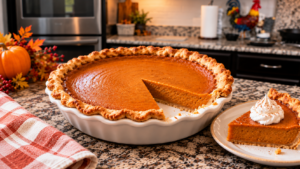 Southern pumpkin pie with a golden butter crust and a plated slice on the kitchen counter.