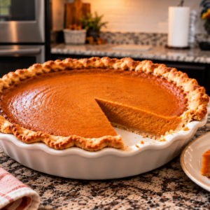 Southern pumpkin pie with a golden butter crust and a plated slice on the kitchen counter.