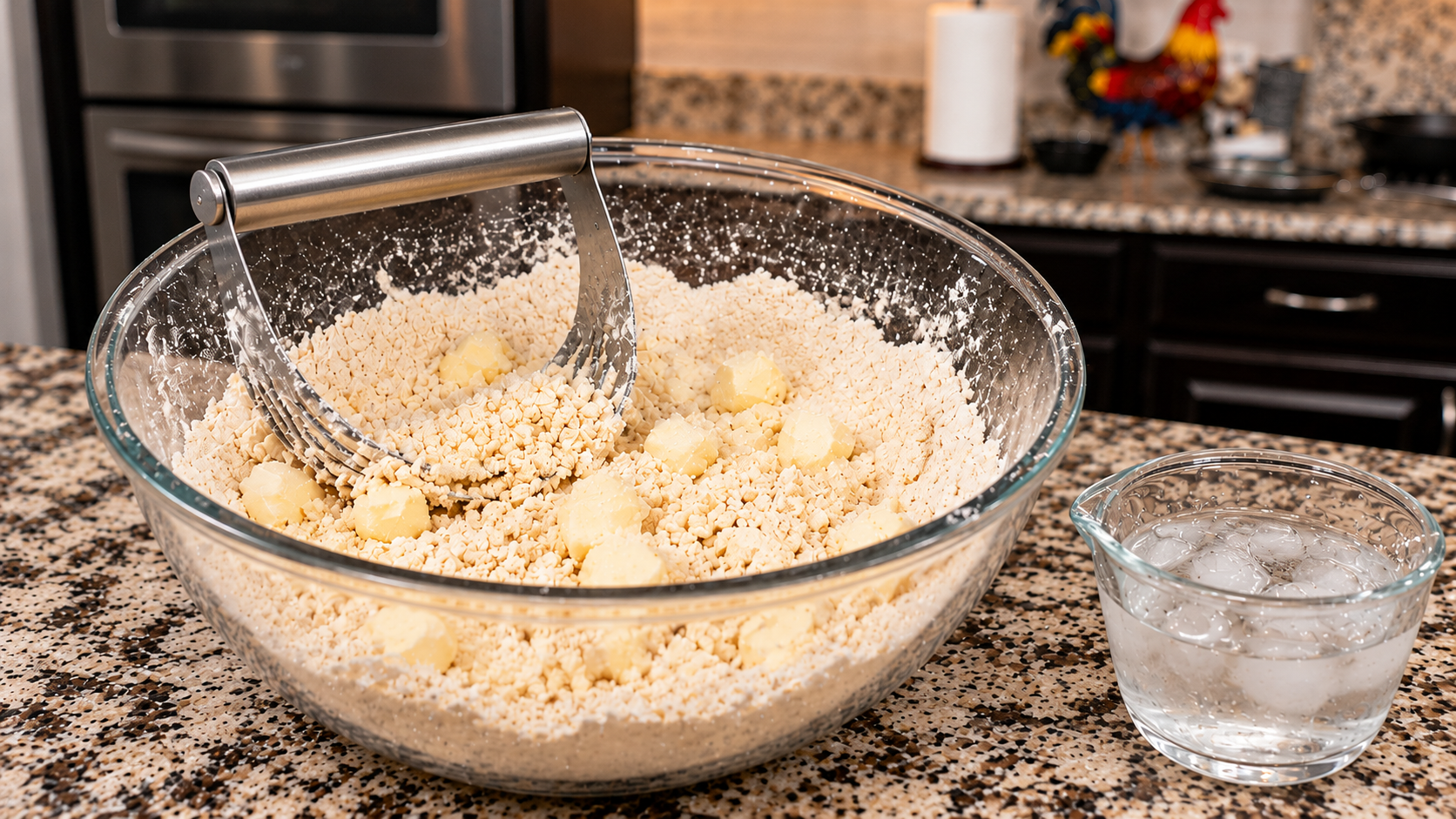 Cold butter and flour in a glass bowl with a pastry blender and ice water.