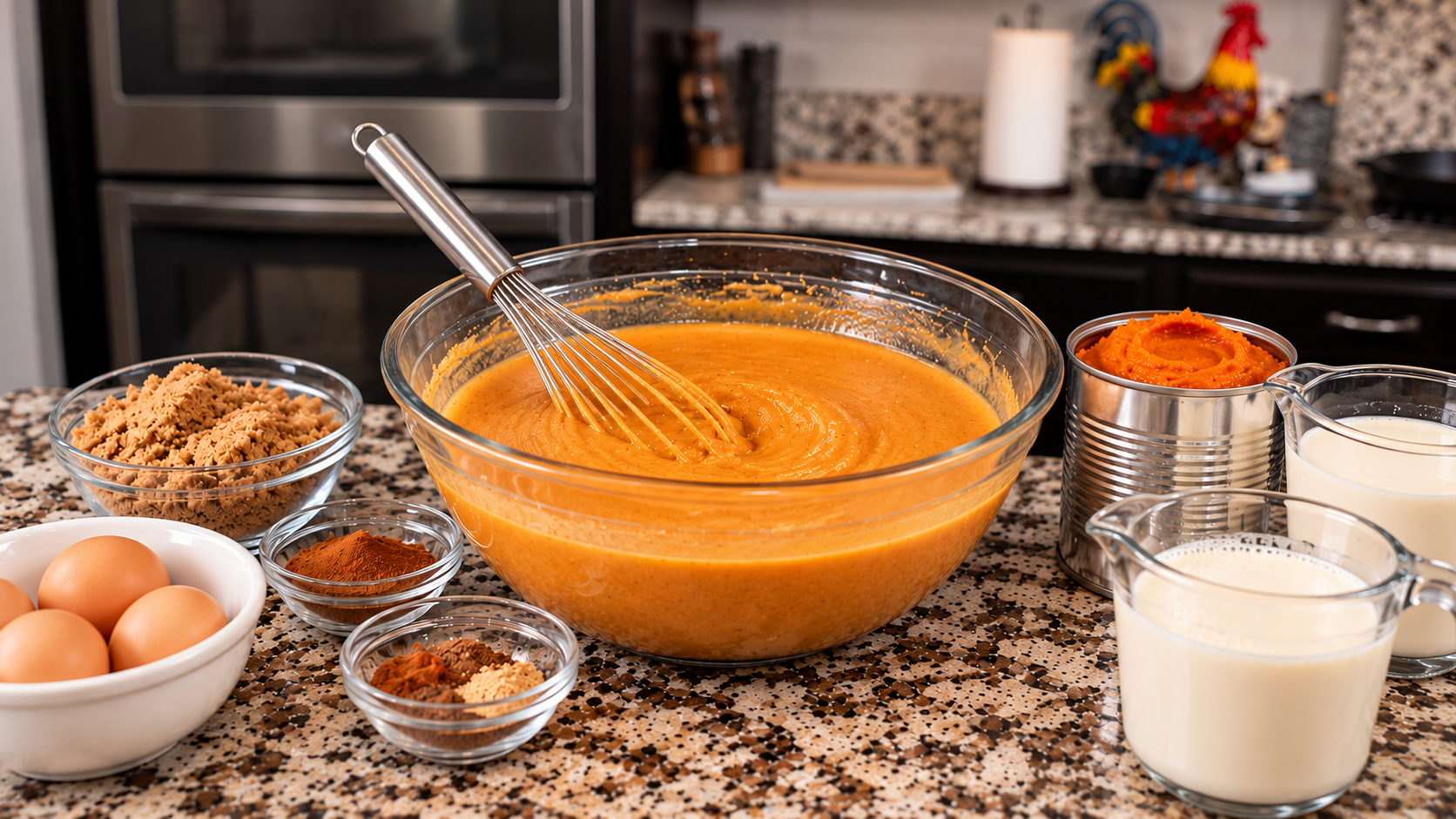 Smooth pumpkin filling in a mixing bowl beside baking ingredients.